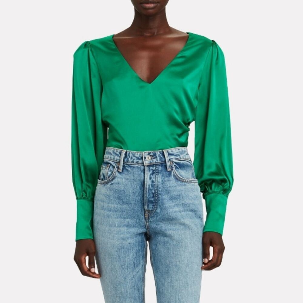 Intermix Ashley Emerald Green Silk V-neck Blouse